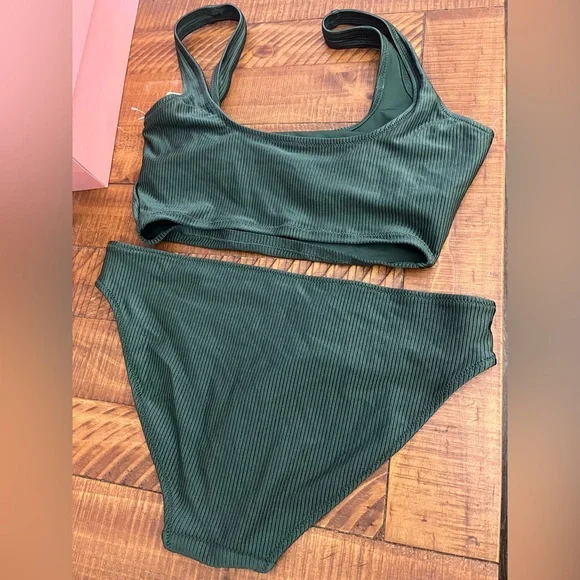 NWT Aerie FULL SET Shine Rib Longline Scoop Top + Full Coverage Bottom Sycamore - Picture 4 of 5